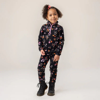 Ensemble polar - Nanö noir imprimé floral rose orange pour enfant fille, tissu micropolaire, vue de face porté sur mannequin