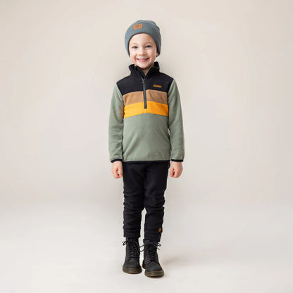 Ensemble thermal en polar - Nanö garçon vert, camel et noir, tissu micropolaire, pantalon noir, vue de face porté sur mannequin