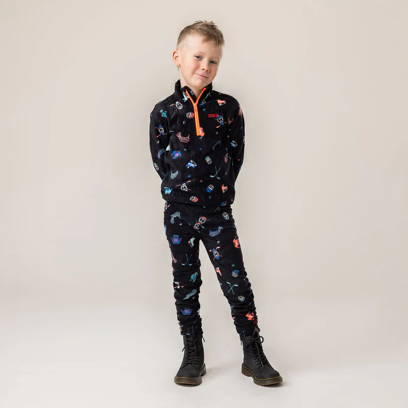 Ensemble thermal en polar - Nanö noir imprimé multicolore en micropolaire pour garçon, porté, vue de face entière