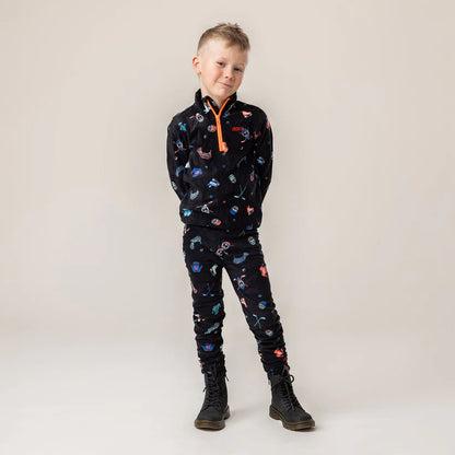 Ensemble thermal en polar - Nanö noir imprimé multicolore en micropolaire pour garçon, porté, vue de face entière