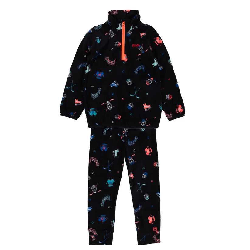 Ensemble thermal en polar - Nanö noir imprimé bleu rouge, tissu micropolaire, garçon, vue de face boutonné col zippé