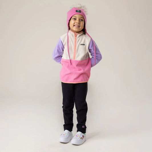 Ensemble thermal en polar - Nanö violet, blanc et rose, micro-polaire, garçon, manches longues, vue de face porté sur mannequin enfant.