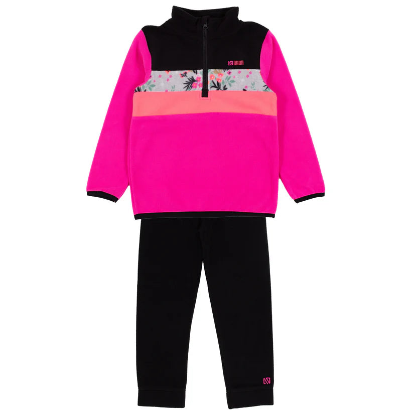 Ensemble thermal - Nanö avec haut micropolaire rose vif, noir et imprimé floral, pantalon noir, pour fille, vue de face