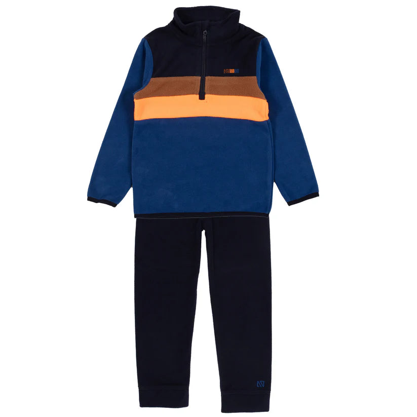 Ensemble thermal - Nanö garçon en micropolaire bleu marine, orange et marron, col montant, vue de face