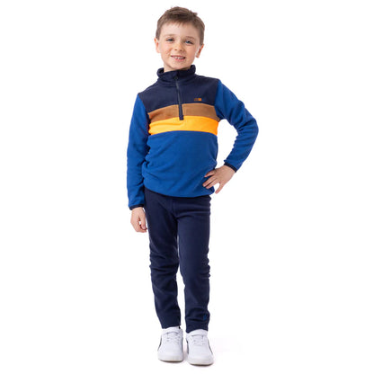 Ensemble thermal - Nanö garçon bleu marine, orange et jaune en micropolaire, coupe proche du corps, vue de face porté.