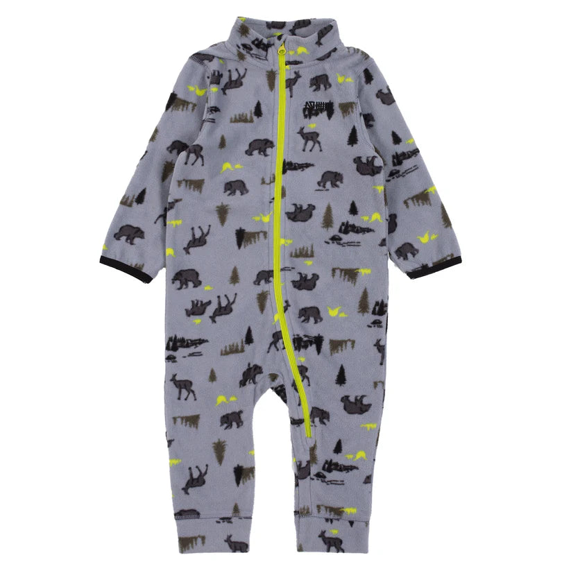 Une pièce thermal - Nanö gris à motifs animaux noirs et jaunes, tissu micropolaire doux, pour enfant, vue de face avec fermeture zippée jaune