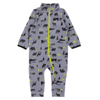 Une pièce thermal - Nanö gris à motifs animaux noirs et jaunes, tissu micropolaire doux, pour enfant, vue de face avec fermeture zippée jaune