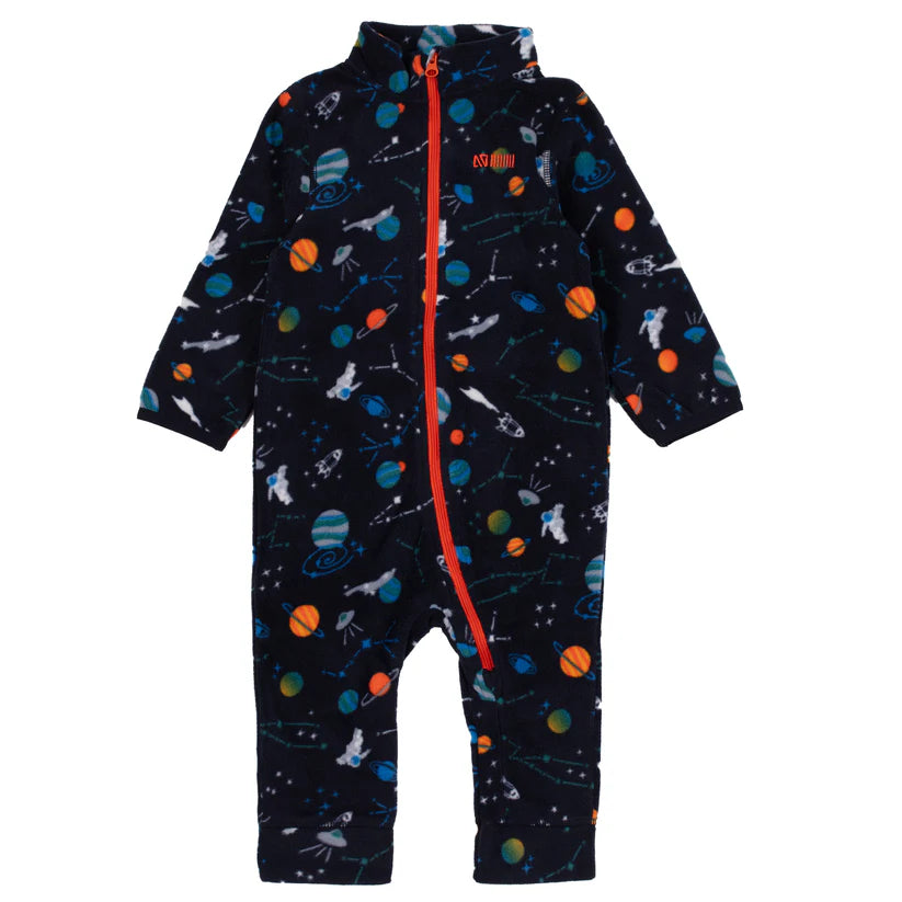 Une pièce thermal - Nanö bleu marine avec imprimé espace multicolore et fermeture zippée orange, pour bébé, vue de face