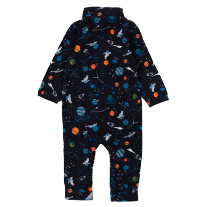 Une pièce thermal - Nanö bleu marine à motifs espace multicolores, tissu micropolaire, pour bébé, vue de dos.