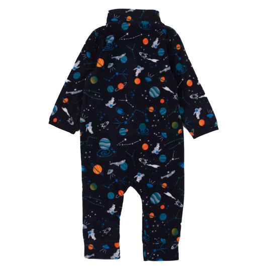 Une pièce thermal - Nanö bleu marine à motifs espace multicolores, tissu micropolaire, pour bébé, vue de dos.