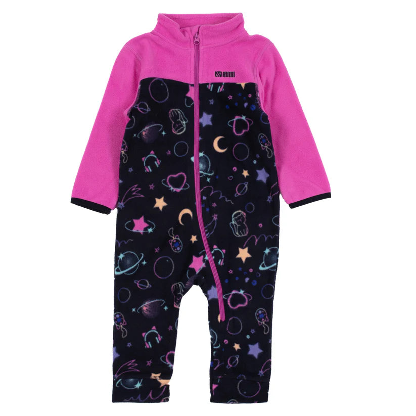 Une pièce thermal - Nanö rose et noire avec motifs spatiaux multicolores, tissu micropolaire doux, pour fille, vue de face