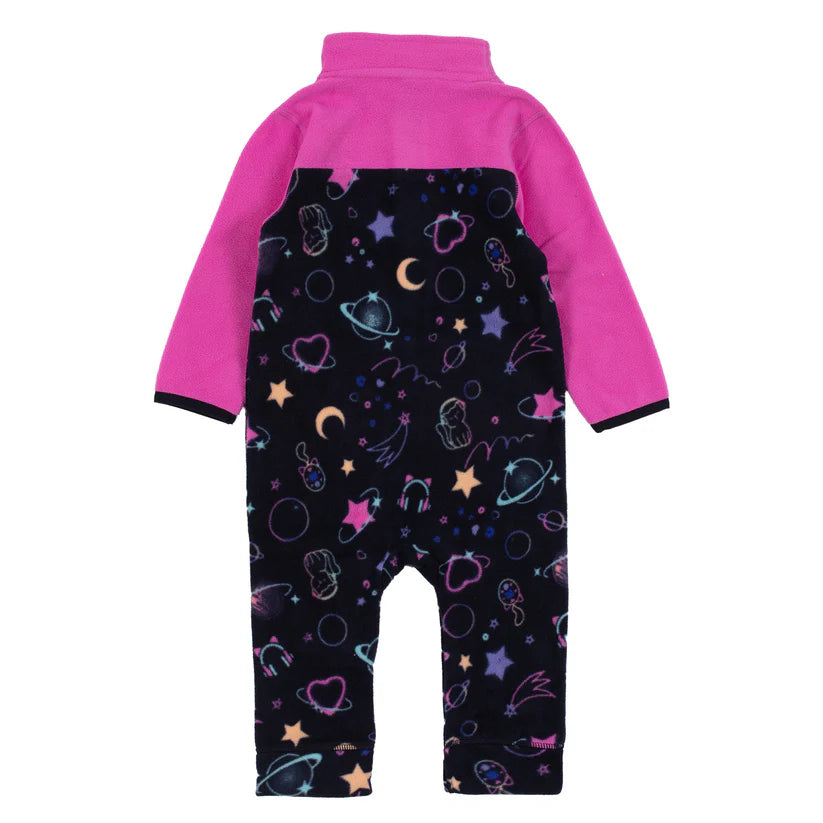 Une pièce thermal - Nanö fille en micropolaire rose et imprimé galaxie bleu marine, vue de dos manche longue.