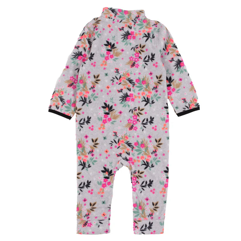 Une pièce thermal - Nanö en micropolaire grise imprimé floral rose, vert et noir, coupe ajustée, pour fille, vue de dos.