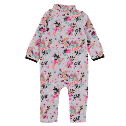 Une pièce thermal - Nanö en micropolaire grise imprimé floral rose, vert et noir, coupe ajustée, pour fille, vue de dos.