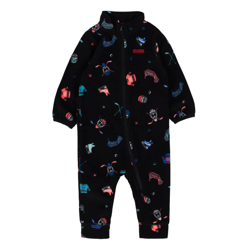 Ensemble 1 pc Polar - Nanö noir à imprimés hockey bleu et rouge, tissu micropolaire, combinaison bébé garçon vue de face
