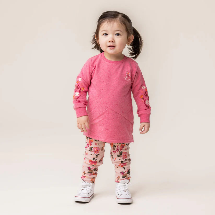 Ensemble - Nanö tunique rose à manches longues imprimées et legging fleuri rose clair, coton, pour bébé fille, vue de face.