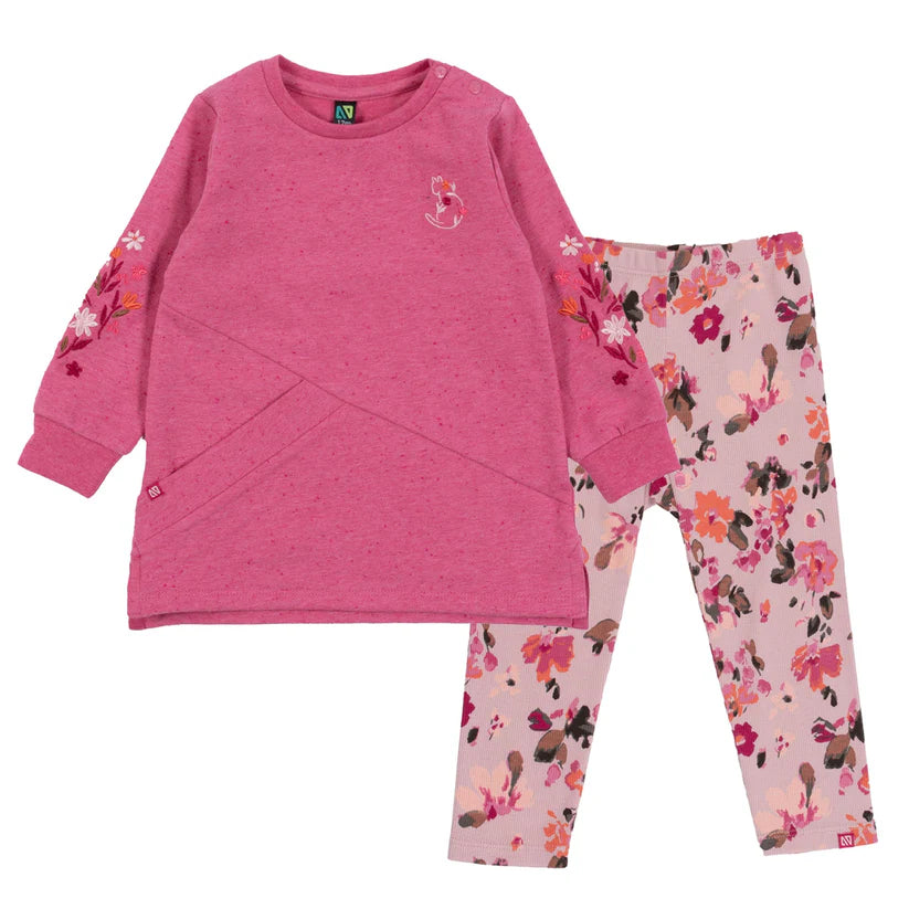 Ensemble - Nanö deux-pièces rose tunique coton uni et legging rose clair fleuri pour enfant vue de face
