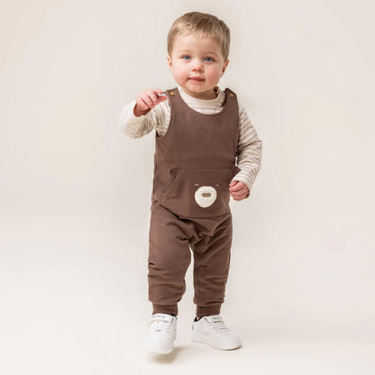 Ensemble - Nanö brun en coton ouaté avec cache-couche beige rayé manches longues, pour bébé garçon, porté de face.