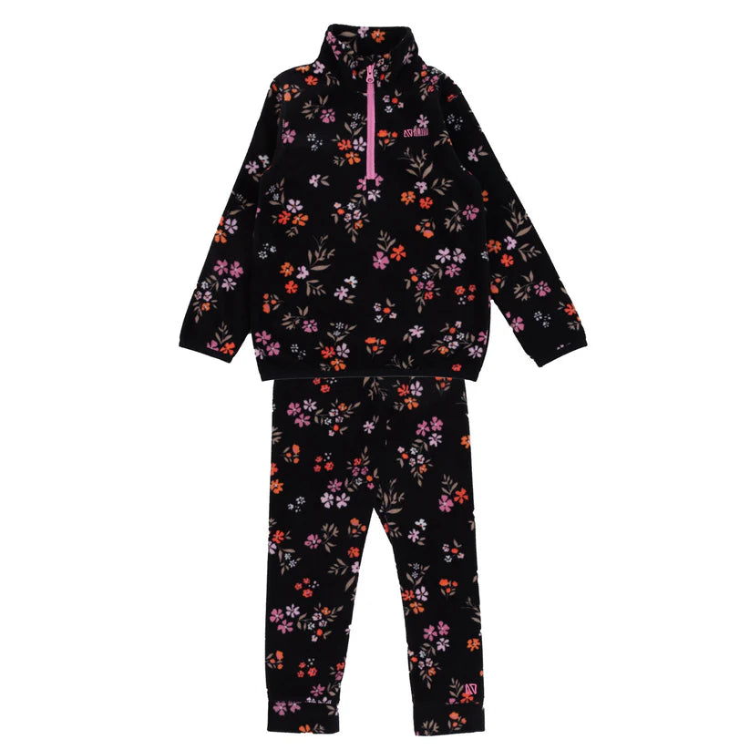 Ensemble polar - Nanö noir à imprimé floral rose et orange, micropolaire, pour enfant, vue de face avec zip rose devant
