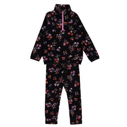 Ensemble polar - Nanö noir à imprimé floral rose et orange, micropolaire, pour enfant, vue de face avec zip rose devant