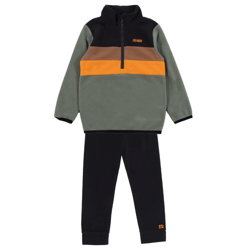Ensemble thermal en polar - Nanö garçon, haut vert kaki, orange et marron, pantalon noir, tissu micropolaire, vue de face.