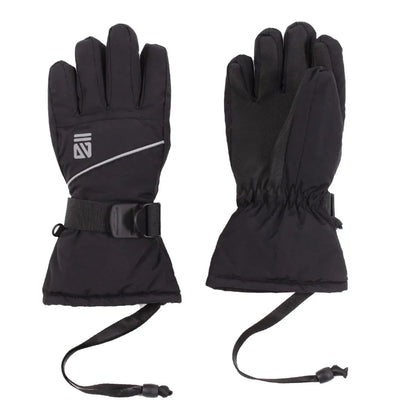 Gants d'hiver - Nanö noirs en nylon doublés micropolaire, vue de face et dos, avec sangle ajustable et logo réfléchissant.