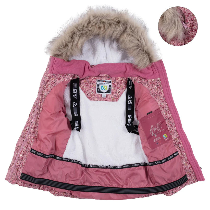 Habit de neige - Nanö rose avec intérieur en polaire blanche, capuche bordée de fausse fourrure, vue de face ouverte