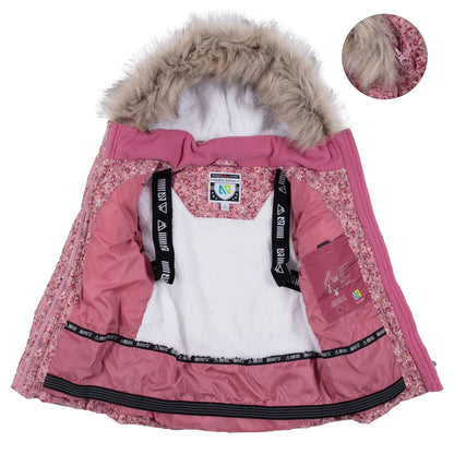 Habit de neige - Nanö rose avec intérieur en polaire blanche, capuche bordée de fausse fourrure, vue de face ouverte