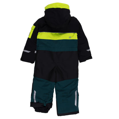 Habit de neige 1 pièce - Nanö noir, vert foncé et jaune fluo, capuche, réflecteurs, pour enfant, vue de dos.