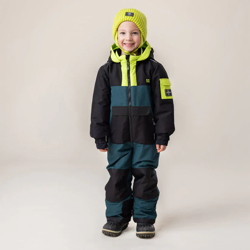 Habit de neige 1 pièce - Nanö noir et vert avec détails jaunes, pour enfant, coupe chaude et vue de face avec bonnet assorti