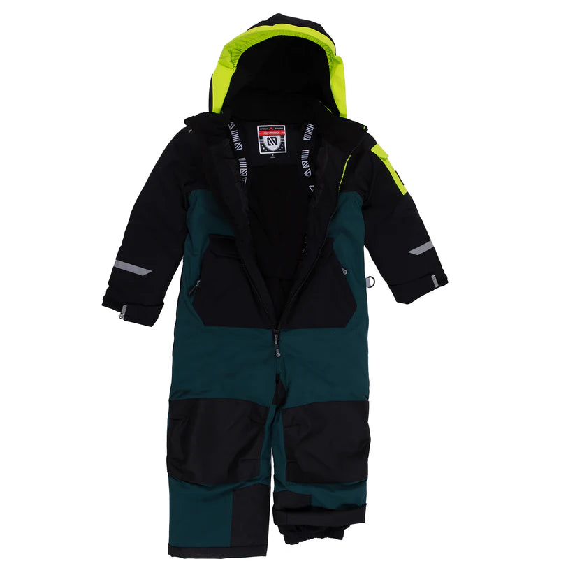 Habit de neige 1 pièce - Nanö noir et vert avec capuche jaune fluo, doublure intérieure visible, pour garçon, vue de face ouverte