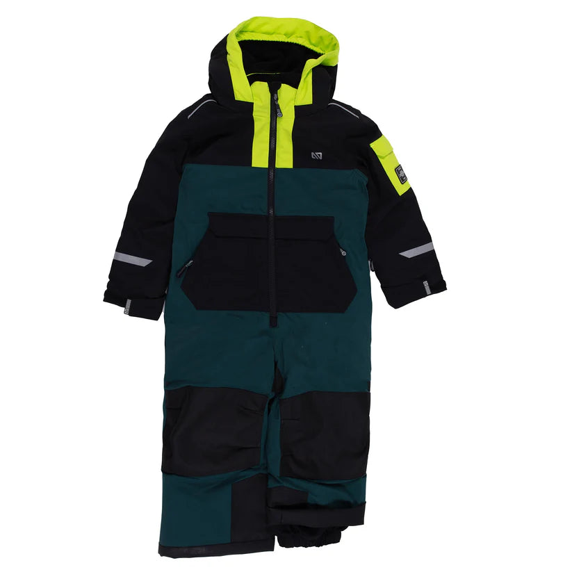 Habit de neige 1 pièce - Nanö vert, noir et jaune fluo, isolation Primaloft, pour garçon, vue de face, capuche intégrée