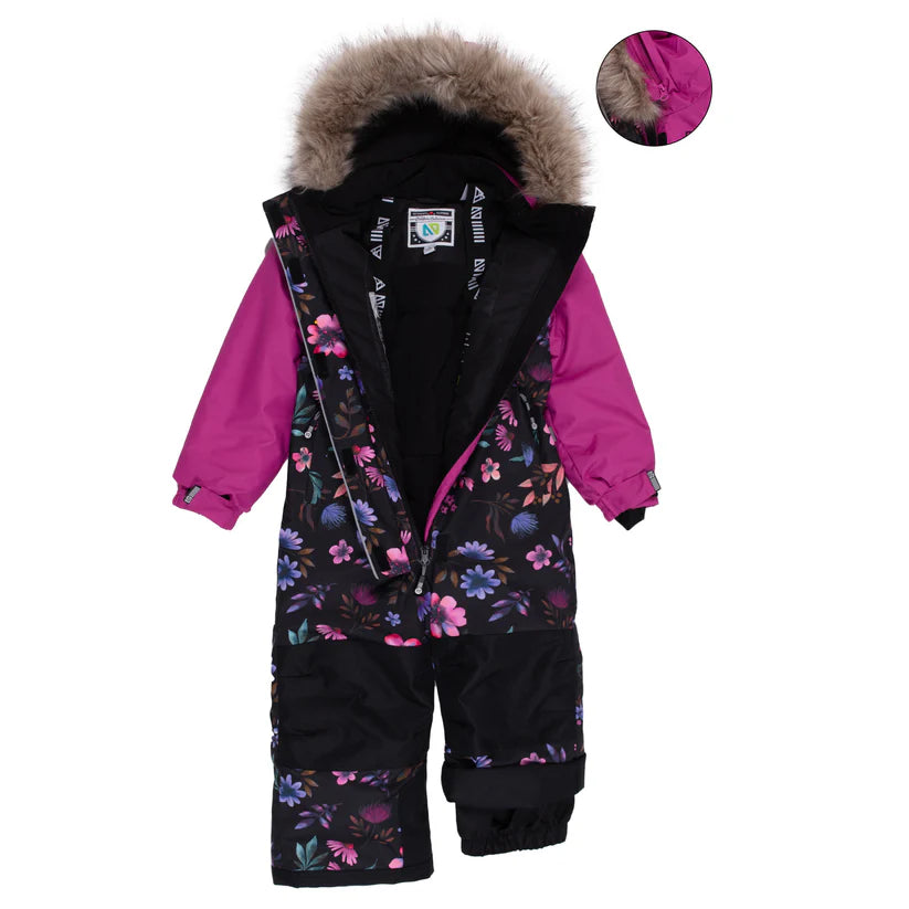 Habit de neige 1 pièce - Nanö noir et violet à fleurs avec manches roses, capuche fourrure, pour fille, vue de face ouvert