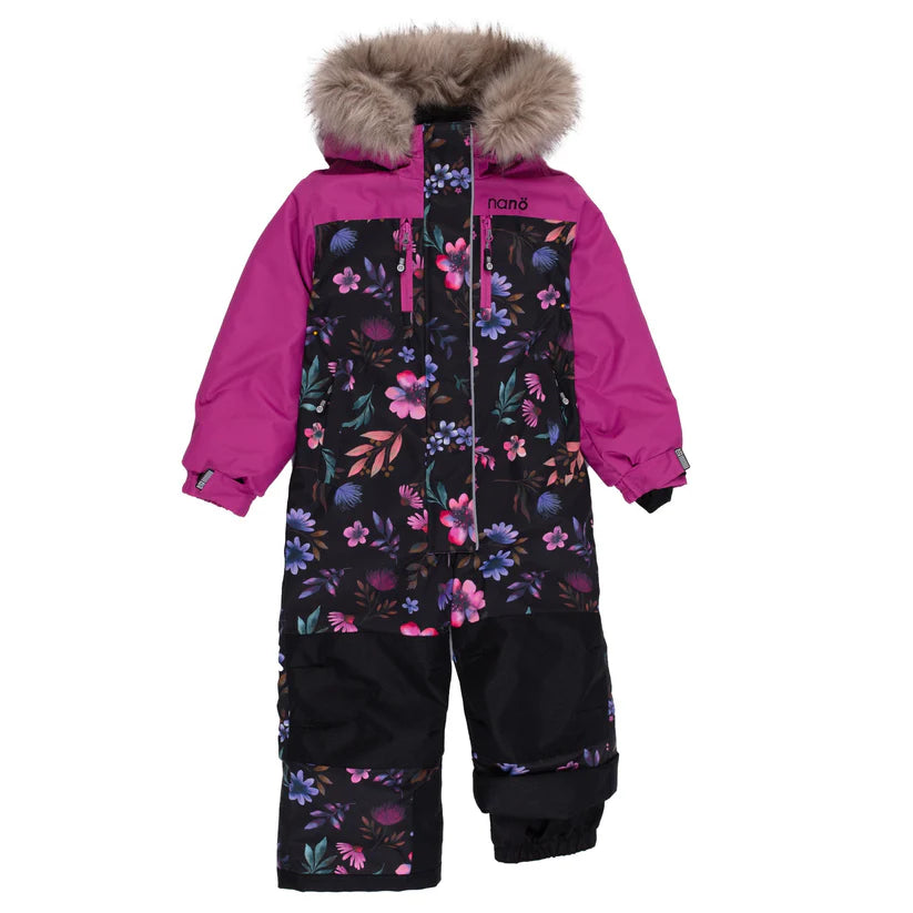 Habit de neige 1 pièce - Nanö noir à fleurs multicolores avec manches et capuche roses, fourrure synthétique, pour fille, vue de face