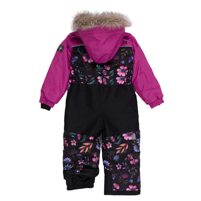 Habit de neige 1 pièce - Nanö violet et noir avec motifs floraux, capuche à fausse fourrure, pour fille, vue de dos