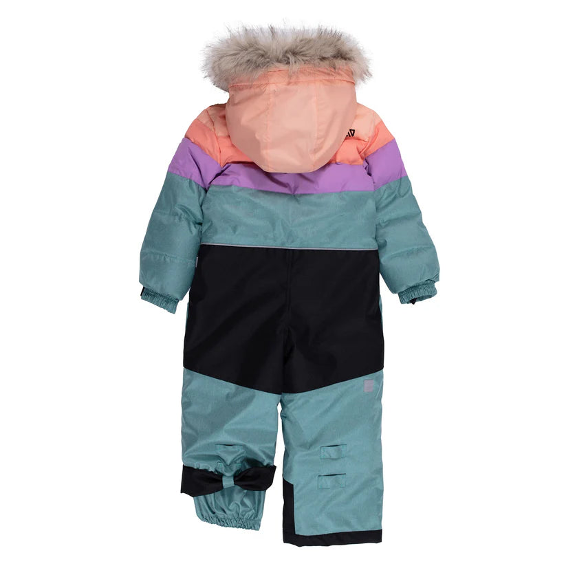 Habit de neige 1 pièce - Nanö pour fille, coloris pêche, violet, bleu et noir, capuche fourrure vue de dos.