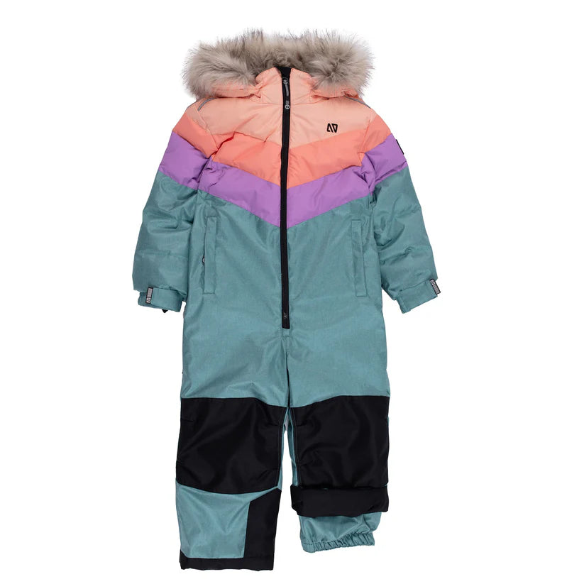 Habit de neige 1 pièce - Nanö multicolore turquoise, pêche et violet, capuche avec fourrure, pour fille, vue de face
