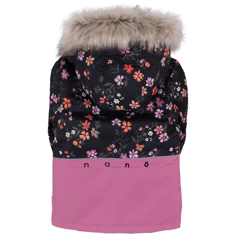 Habit de neige - Nanö pour fille avec capuche fausse fourrure, motifs floraux roses et orange, vue de dos