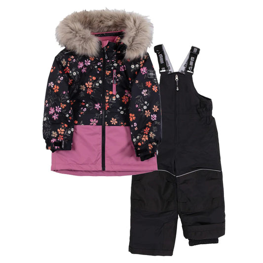 Habit de neige - Nanö pour fille noir à motifs floraux violets et roses, pantalon noir avec bretelles, vue de face