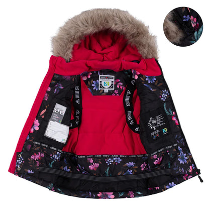 Habit de neige - Nanö fille rouge intérieur doublure noire à motif floral multicolore avec capuche fourrure vue ouverte
