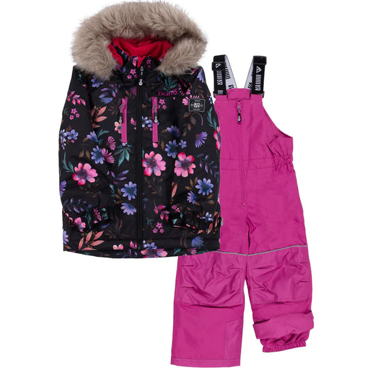 Habit de neige - Nanö pour fille avec veste noire à motifs floraux violets et roses, salopette fuchsia, vue de face