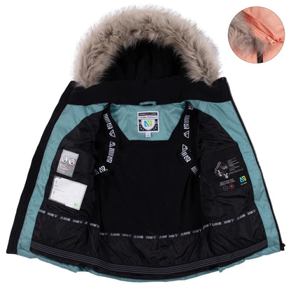 Habit de neige - Nanö bleu turquoise et noir avec capuche fourrure synthétique, intérieur doublé, pour fille, vue de face ouverte