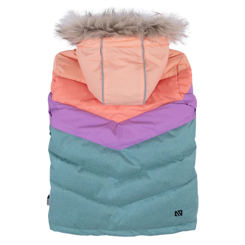 Habit de neige - Nanö fille multicolore corail, violet et bleu, capuche avec fausse fourrure, vue de dos