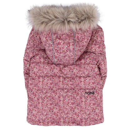 Habit de neige Phoebe - Nanö rose à motifs floraux, capuche à fourrure synthétique, pour fille, vue de dos