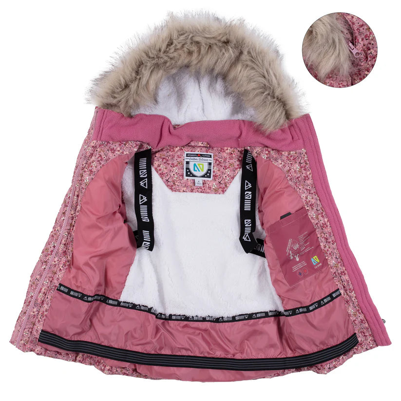 Habit de neige Phoebe - Nanö rose avec intérieur doublé blanc, capuche fausse fourrure, pour fille, vue de face ouverte