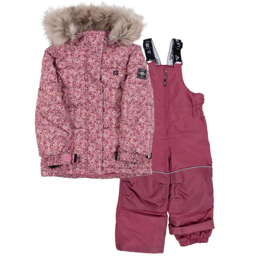 Habit de neige Phoebe - Nanö ensemble fille rose avec motif floral veste capuche fausse fourrure et salopette vue de face