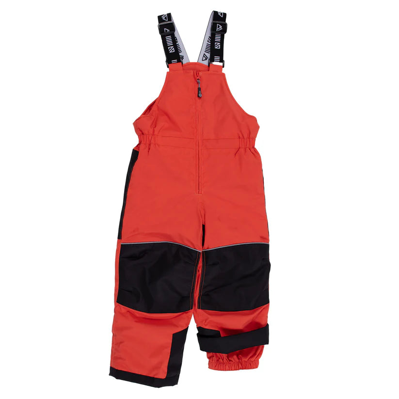 Habit de neige - Nanö rouge et noir imperméable avec bretelles réglables, pour fille, vue de face sur fond blanc.