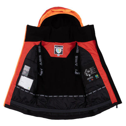 Habit de neige - Nanö noir et orange avec capuche, doublure polyester, fixé par bretelles, vue intérieure ouverte