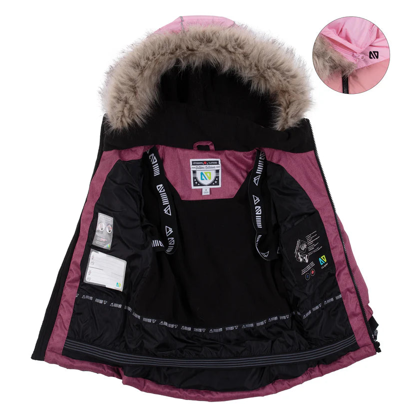 Habit de neige - Nanö violet et noir avec doublure intérieure noire, capuche à fausse fourrure, pour fille, vue intérieure ouverte.