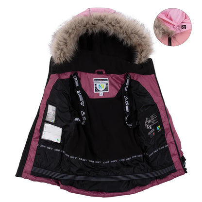 Habit de neige - Nanö violet et noir avec doublure intérieure noire, capuche à fausse fourrure, pour fille, vue intérieure ouverte.